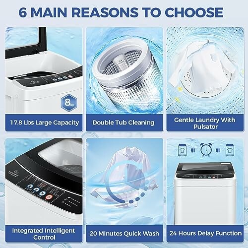 Infographic showing 6 reasons to choose a washing machine: large capacity, double tub cleaning, gentle laundry, intelligent control, quick wash, delay function.